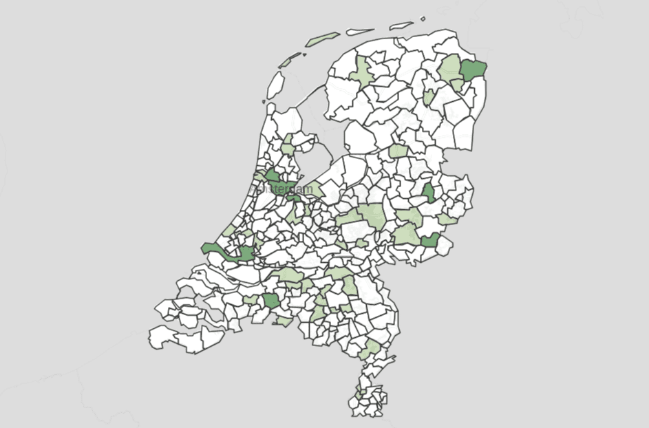 Kaart van Nederland met de overheden die beschikkingen openbaar maken, uit het onderzoek Beschikkingen in Beeld